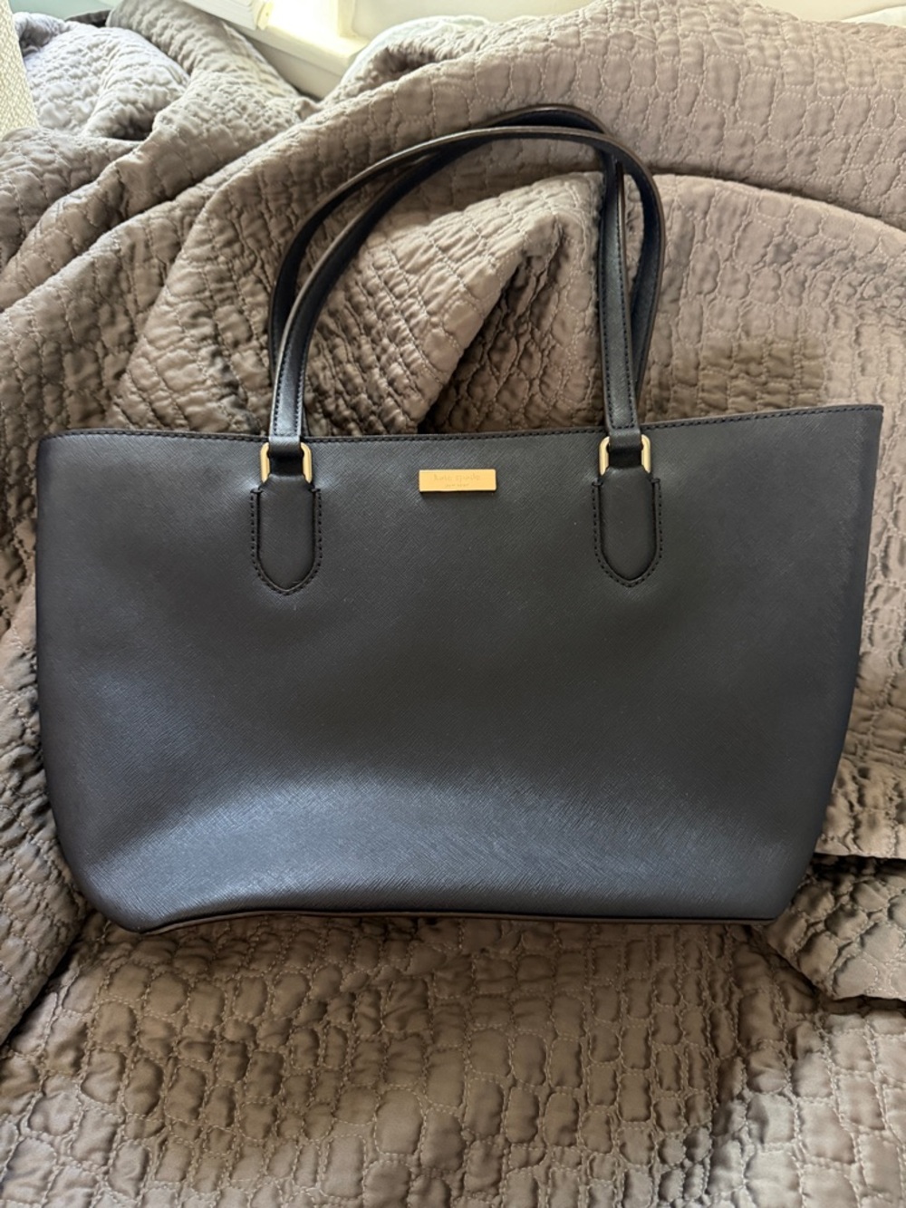 kate spade Black Leather Double-Handle Tote with Gold Plaque